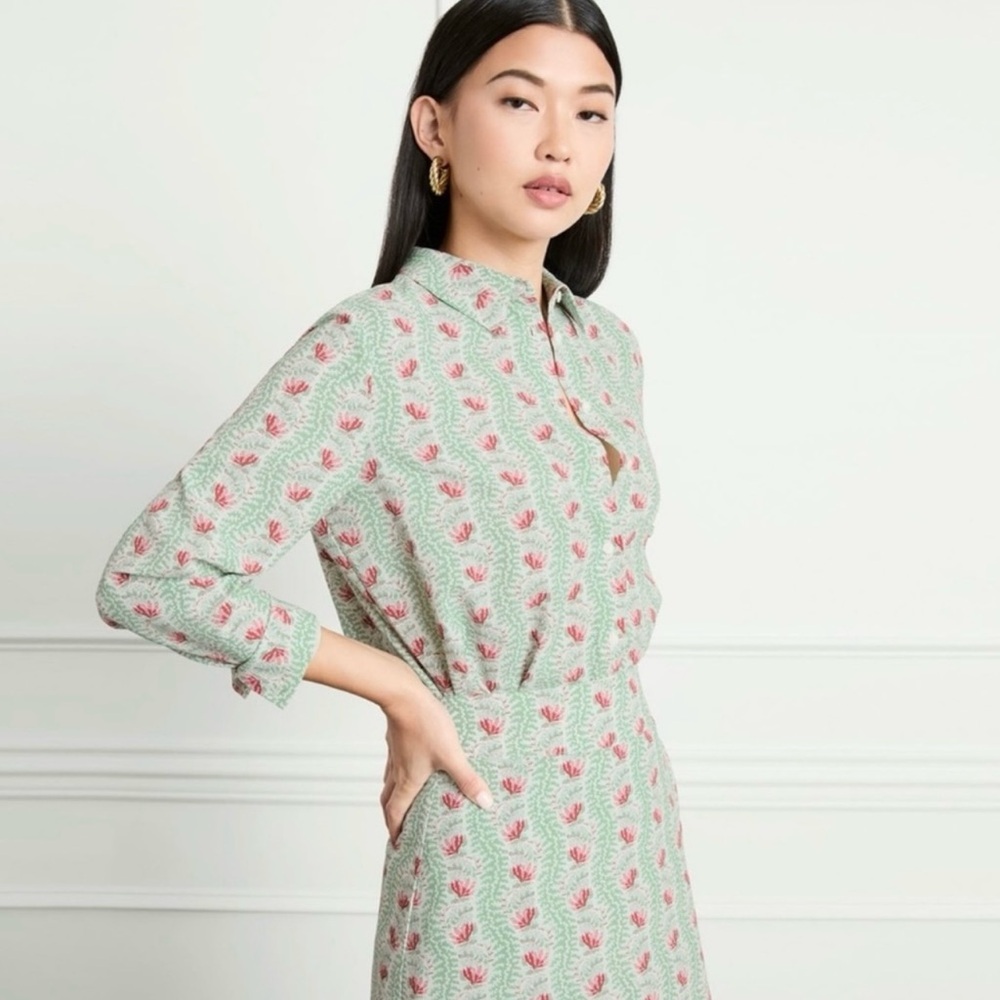 Hill House Pale Mint Green Floral Button-Up Blouse with Pink Print